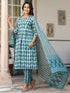 Teal Blue Pure Cotton Abstract A-line Kurta Set
